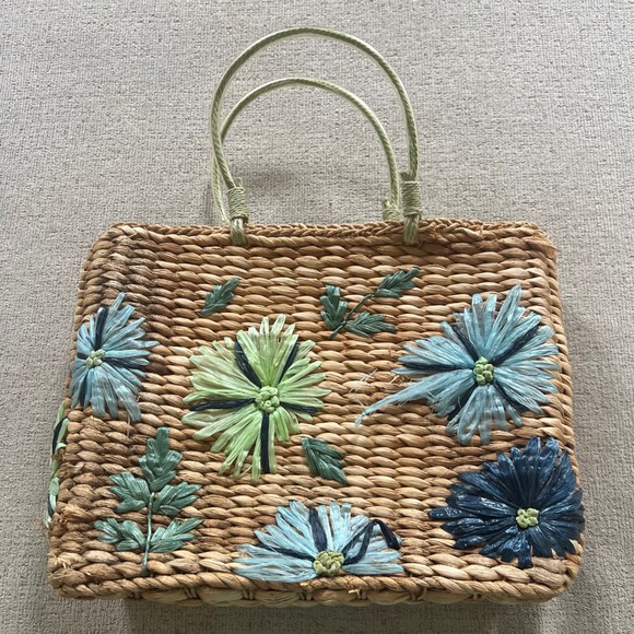 Cache Handbags - Cache Vintage Straw Tote Bag Floral Raffia Woven Wicker Handbag Blue Green Boho